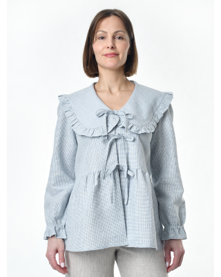 Блузка женская из льна #059, ткань "голубая клетка"