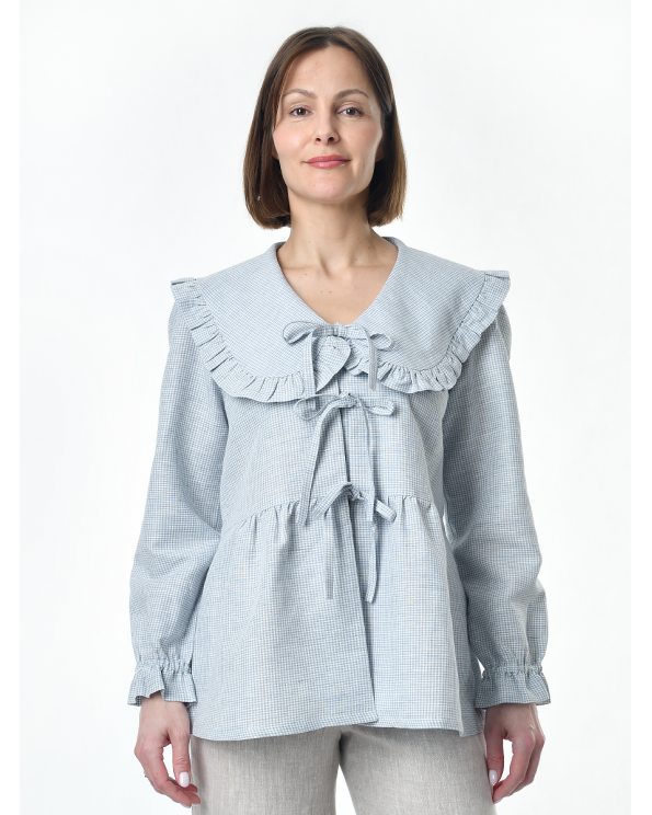 Блузка женская из льна #059, ткань "голубая клетка"