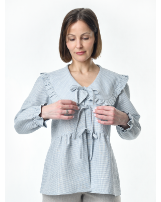 Блузка женская из льна #059, ткань "голубая клетка"