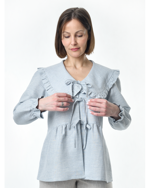 Блузка женская из льна #059, ткань "голубая клетка"