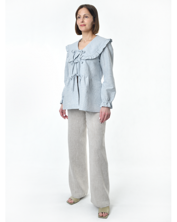 Блузка женская из льна #059, ткань "голубая клетка"