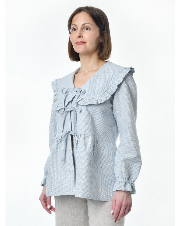Блузка женская из льна #059, ткань "голубая клетка"