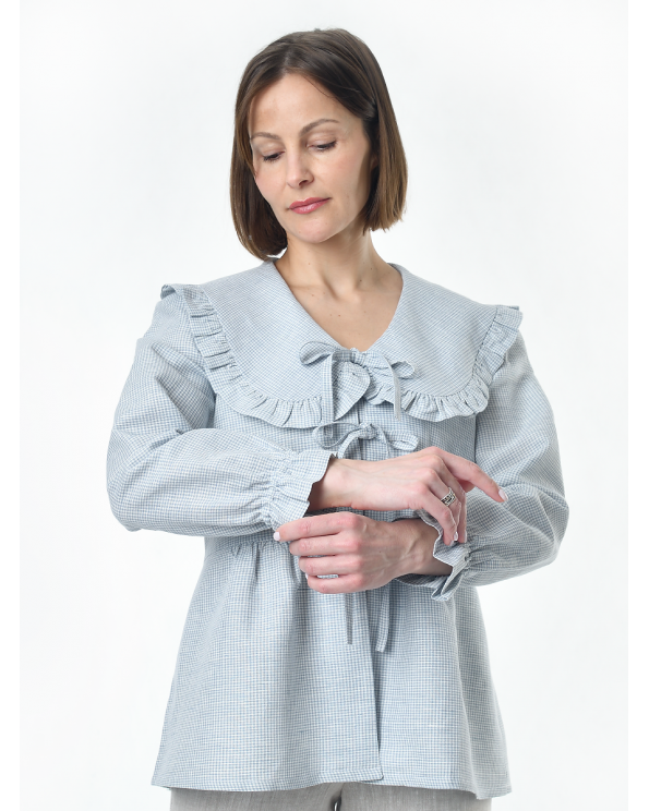 Блузка женская из льна #059, ткань "голубая клетка"