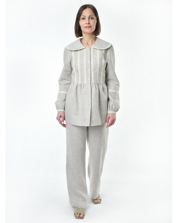 Блузка женская из льна #060, ткань бежевая клетка