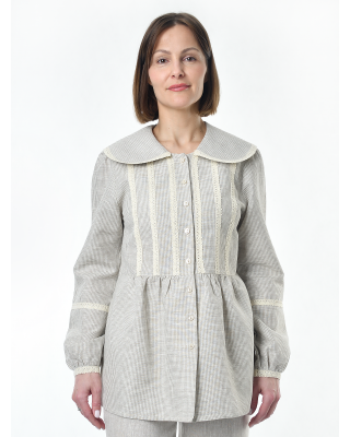 Блузка женская из льна #060, ткань бежевая клетка