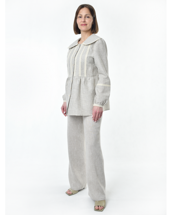 Блузка женская из льна #060, ткань бежевая клетка