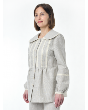 Блузка женская из льна #060, ткань бежевая клетка