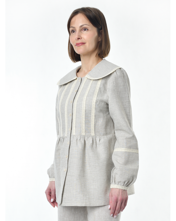 Блузка женская из льна #060, ткань бежевая клетка