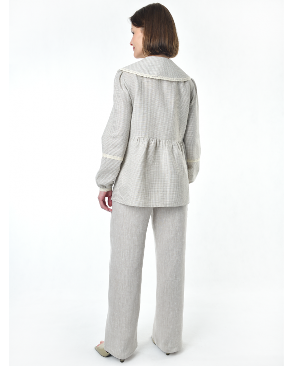 Блузка женская из льна #060, ткань бежевая клетка