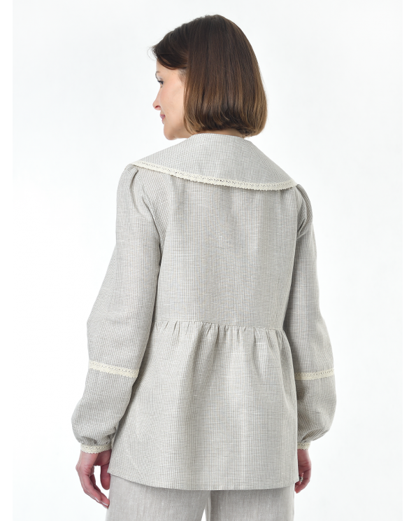 Блузка женская из льна #060, ткань бежевая клетка