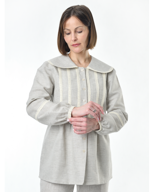 Блузка женская из льна #060, ткань бежевая клетка