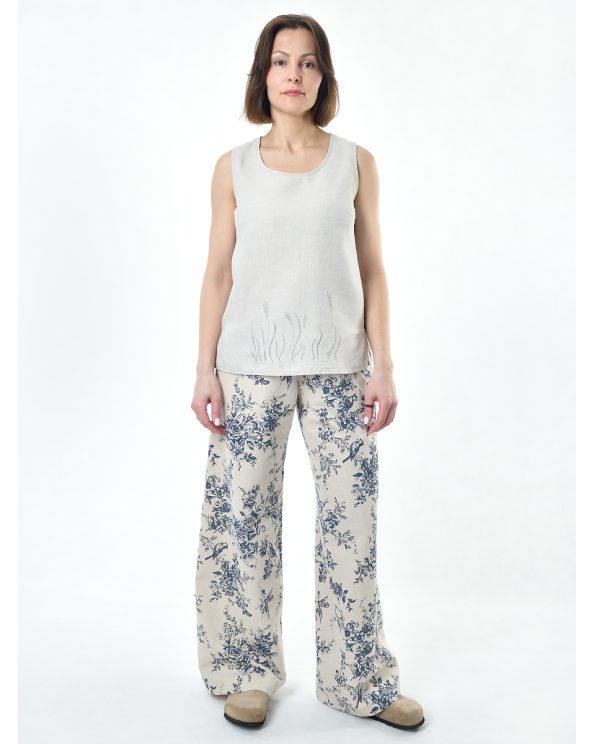 Брюки льняные женские #020, ткань "Райский сад"