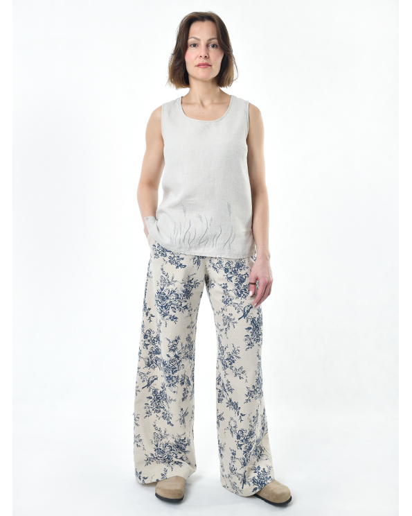 Брюки льняные женские #020, ткань "Райский сад"