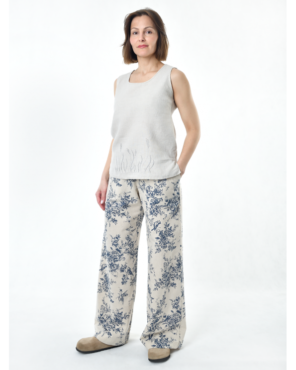 Брюки льняные женские #020, ткань "Райский сад"