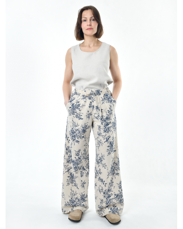 Брюки льняные женские #020, ткань "Райский сад"