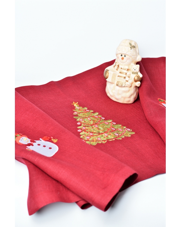 Дорожка из льна с вышивкой "Ель и снеговик", цвет бордовый