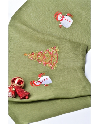 Дорожка из льна с вышивкой "Ель и снеговик", цвет зелёный