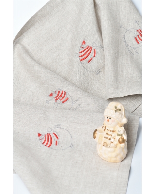 Дорожка из льна с вышивкой "Снеговики спортсмены", цвет натуральный