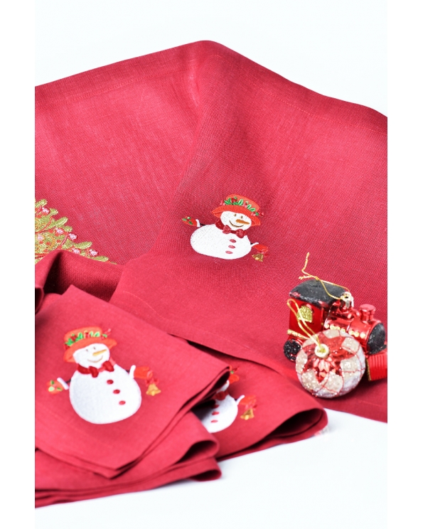 Комплект льняной с вышивкой "Ель и снеговик, подгиб", цвет бордовый