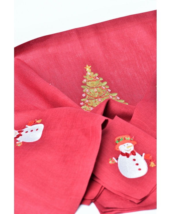 Комплект льняной с вышивкой "Ель и снеговик, подгиб", цвет бордовый