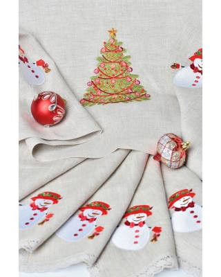 Комплект льняной с вышивкой "Ель и снеговик, кружево", цвет натуральный