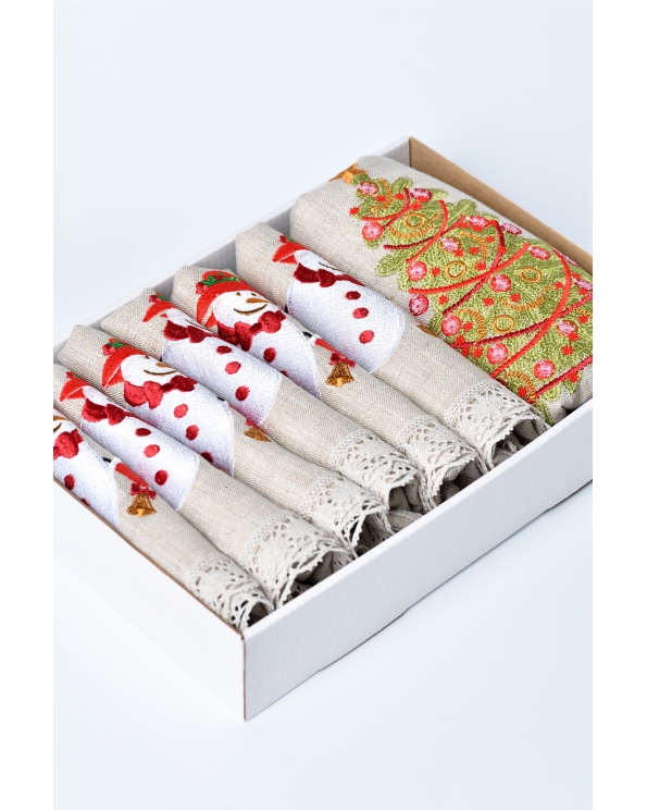 Комплект льняной с вышивкой "Ель и снеговик, кружево", цвет натуральный