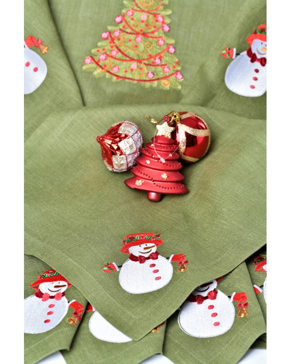 Комплект льняной с вышивкой "Ель и снеговик, подгиб", цвет зелёный