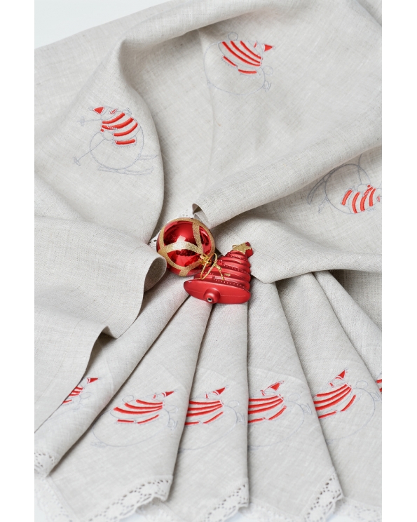 Комплект льняной с вышивкой "Снеговик на коньках, кружево", цвет натуральный