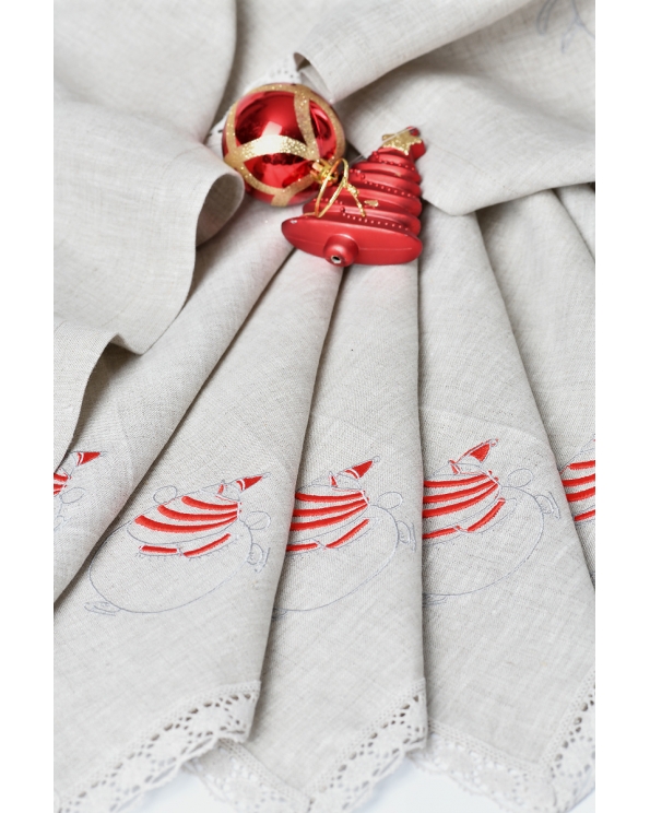 Комплект льняной с вышивкой "Снеговик на коньках, кружево", цвет натуральный