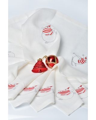 Комплект льняной с вышивкой "Снеговик на коньках, подгиб", цвет белый