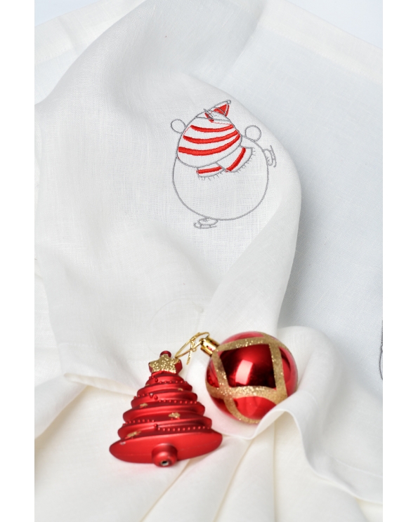 Комплект льняной с вышивкой "Снеговик на коньках, подгиб", цвет белый