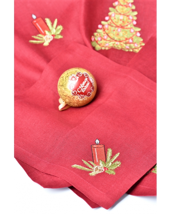 Комплект льняной с вышивкой "Ель и свеча, подгиб", цвет бордовый