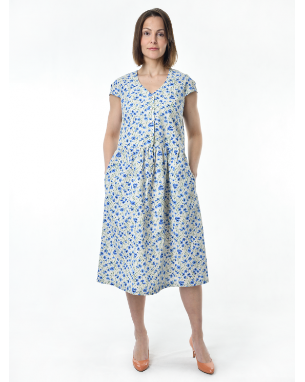 Платье льняное женское #114, "васильки мелкие"