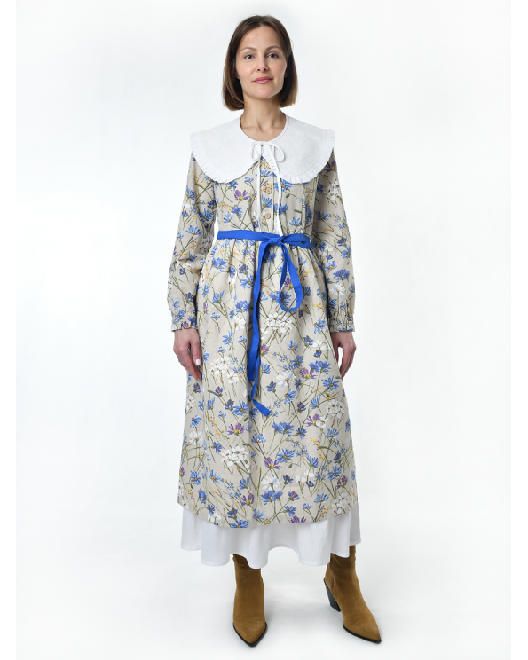 Платье льняное женское #117, "васильковый шёлк", комплект