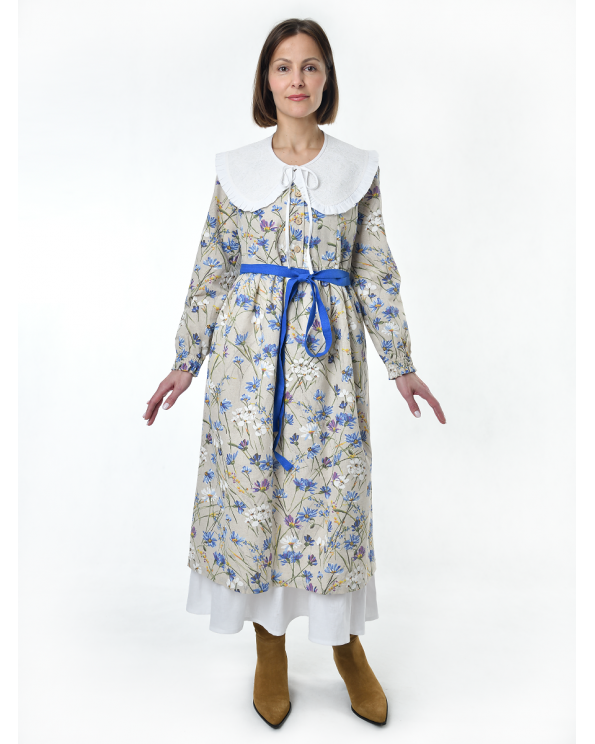 Платье льняное женское #117, "васильковый шёлк", комплект