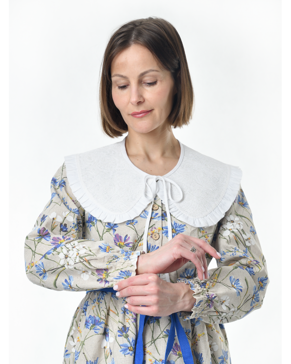 Платье льняное женское #117, "васильковый шёлк", комплект