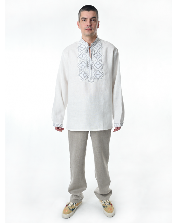 Рубашка льняная мужская, с вышивкой, белая