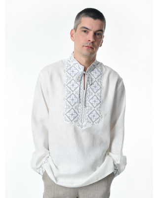 Рубашка льняная мужская, с вышивкой, белая