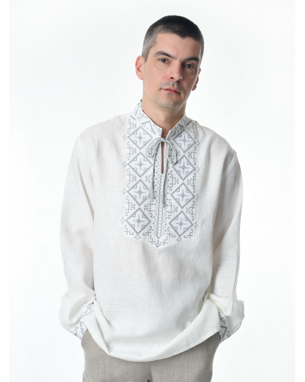 Рубашка льняная мужская, с вышивкой, белая