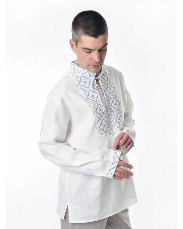 Рубашка льняная мужская, с вышивкой, белая