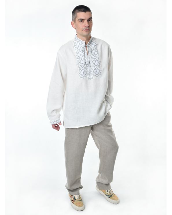 Рубашка льняная мужская, с вышивкой, белая