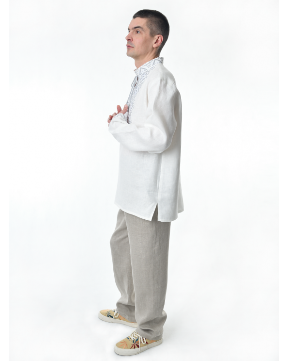 Рубашка льняная мужская, с вышивкой, белая