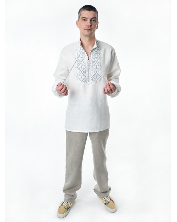 Рубашка льняная мужская, с вышивкой, белая