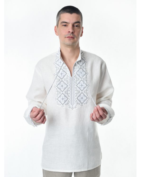 Рубашка льняная мужская, с вышивкой, белая