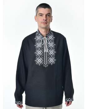 Рубашка льняная мужская, с вышивкой, черная