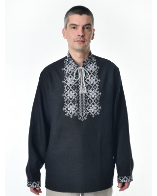 Рубашка льняная мужская, с вышивкой, черная