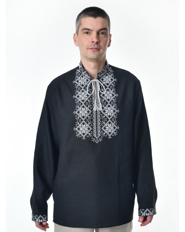 Рубашка льняная мужская, с вышивкой, черная