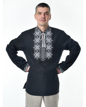 Рубашка льняная мужская, с вышивкой, черная