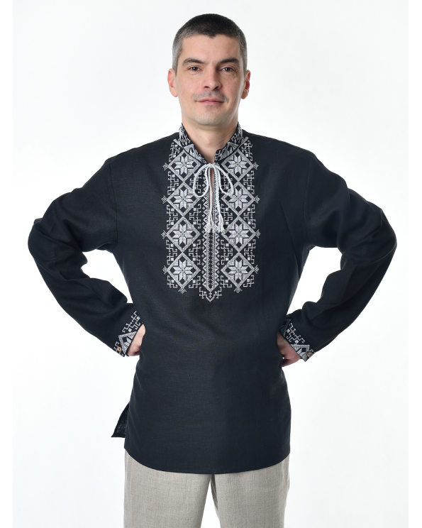 Рубашка льняная мужская, с вышивкой, черная