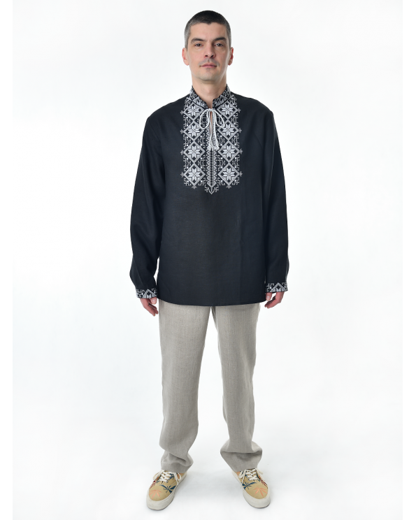 Рубашка льняная мужская, с вышивкой, черная